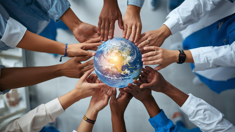 many hands holding a globe